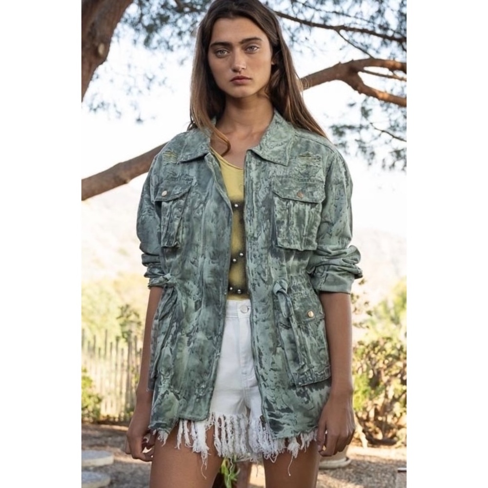 POL Marbled Sage Tie Waist Denim Cargo Jacket - Picture 2 of 6